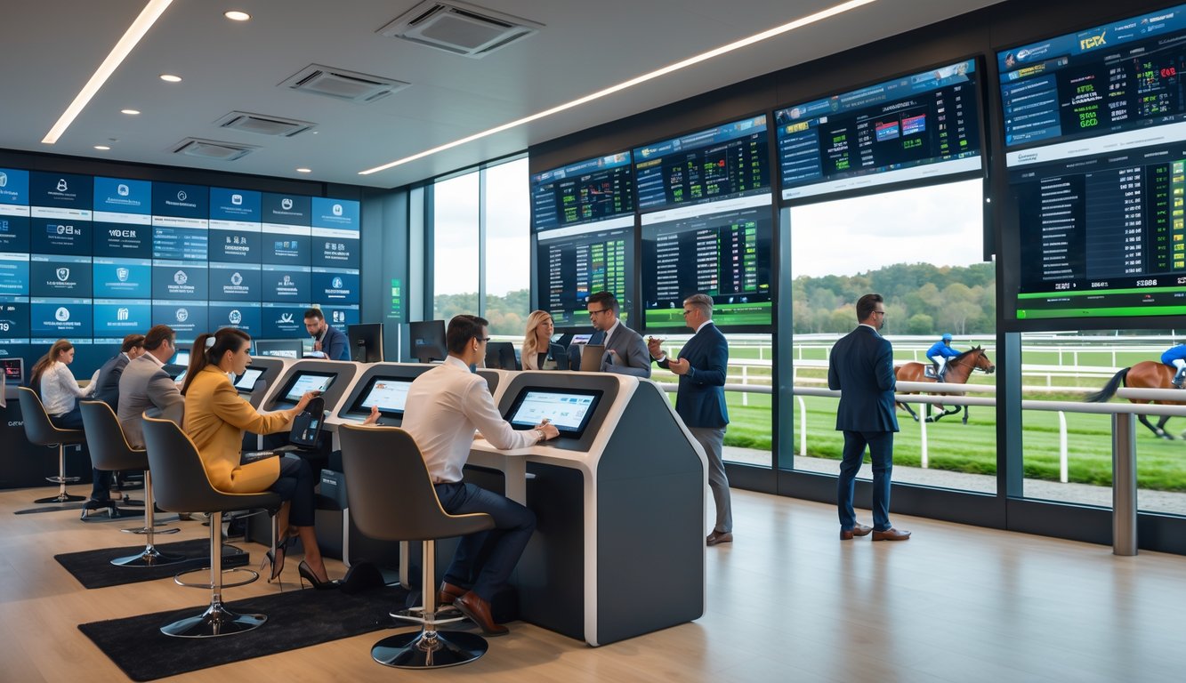 Suasana kantor agen judi pacuan kuda modern dengan layar digital besar dan orang-orang sedang memasang taruhan.
