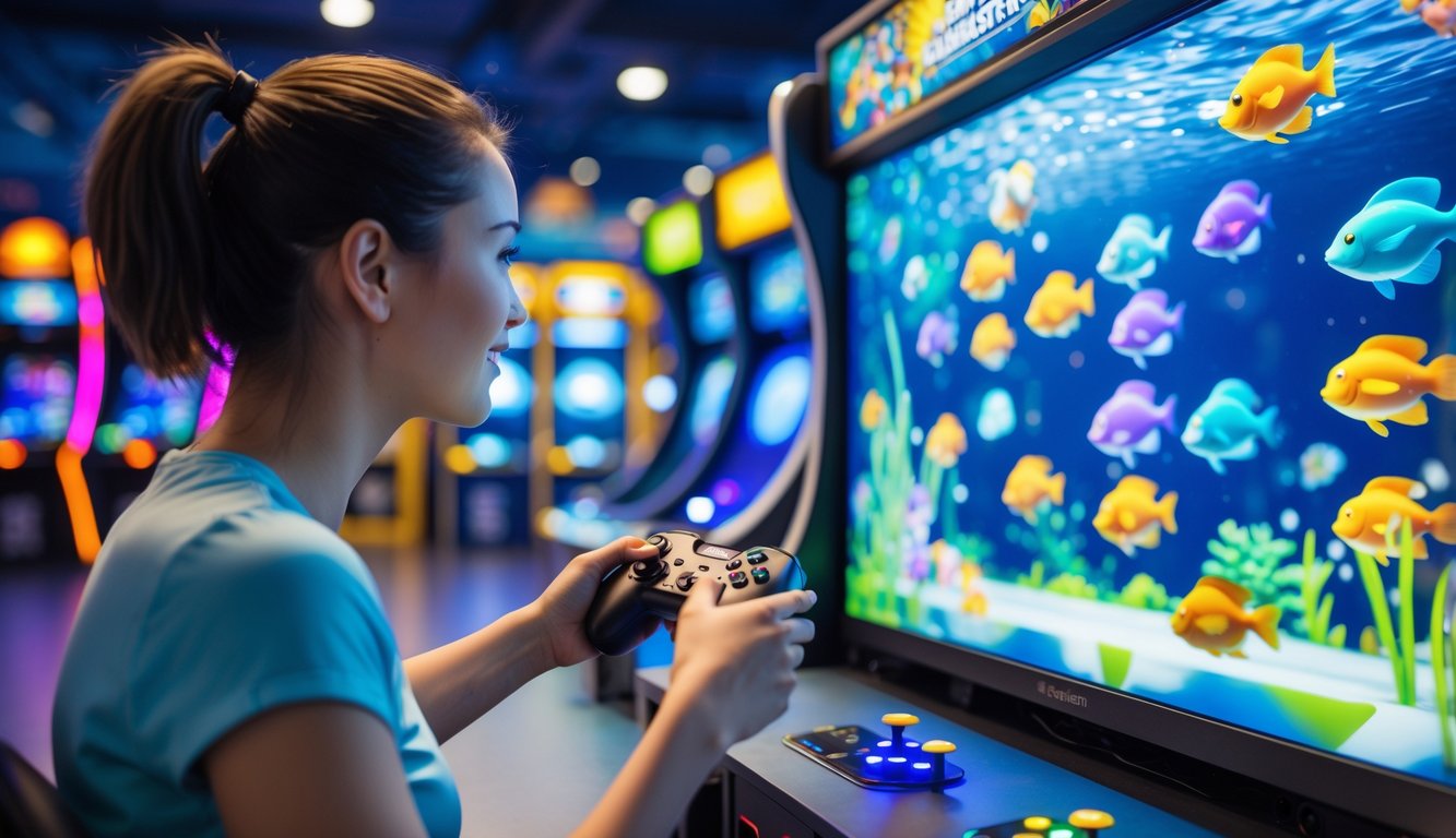 Seorang wanita dewasa fokus bermain permainan tembak ikan di pusat permainan dengan layar warna-warni dan suasana arcade yang ramai.
