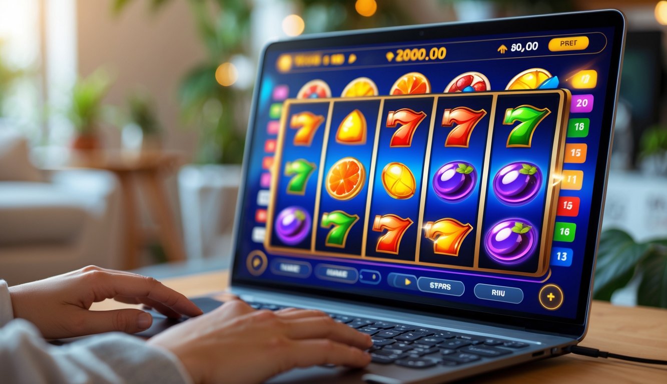 Seseorang sedang bermain permainan slot online di komputer dengan layar menampilkan gulungan warna-warni dan berbagai simbol populer.