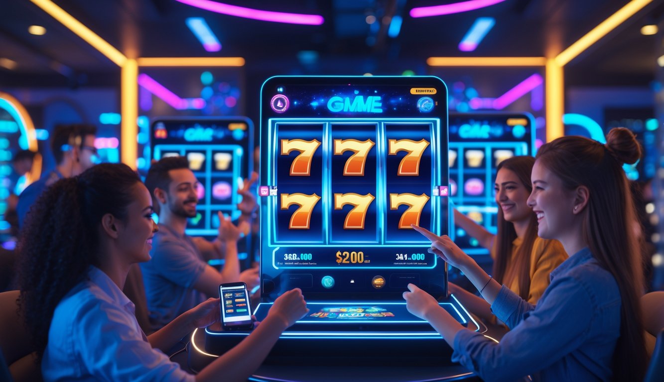 Orang-orang bermain game slot online dengan perangkat digital di lingkungan modern dan penuh warna.