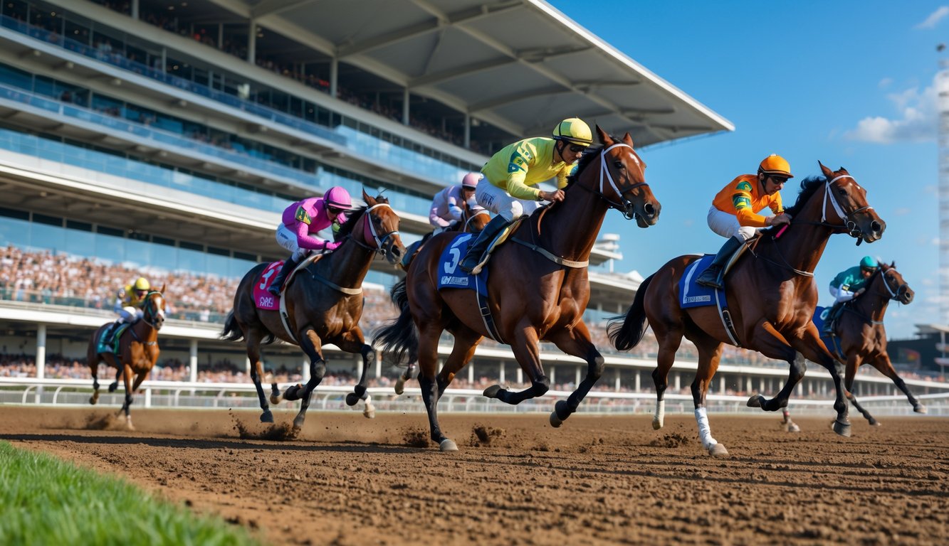 Beberapa kuda pacuan dengan joki sedang berlari kencang di lintasan balap dengan penonton di tribun yang menyaksikan perlombaan.