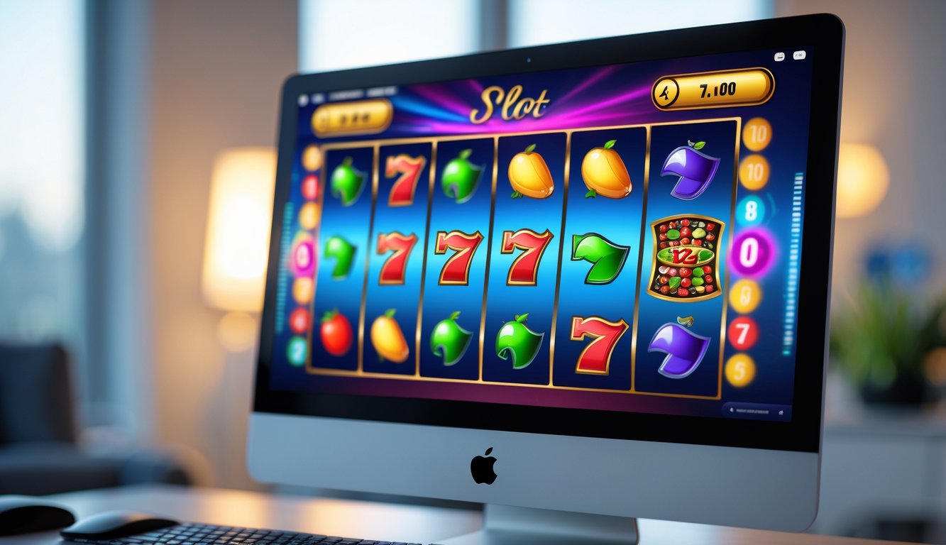 Layar komputer menampilkan permainan slot online dengan gulungan berwarna-warni yang berputar di dalam ruangan yang terang dan modern.