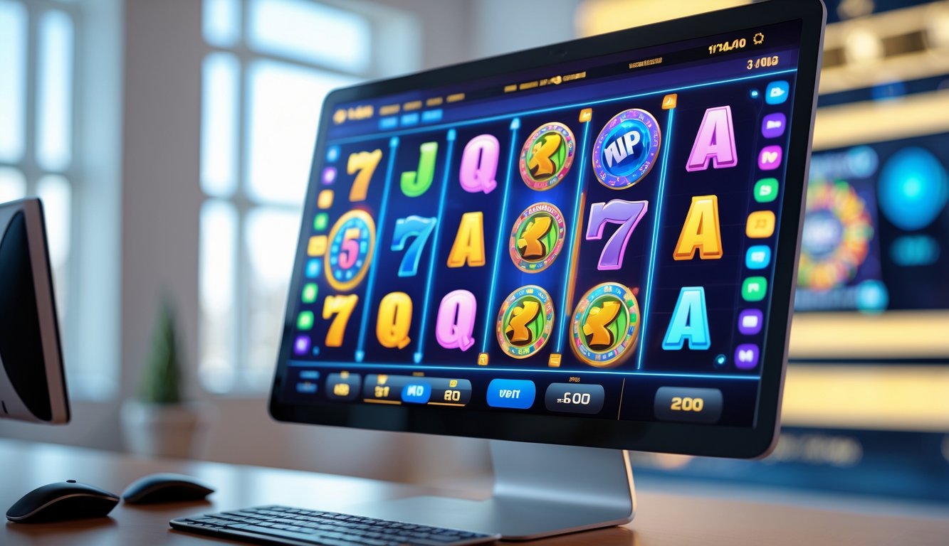 Sebuah layar komputer menampilkan mesin slot online modern dengan simbol warna-warni dan ikon bonus interaktif.