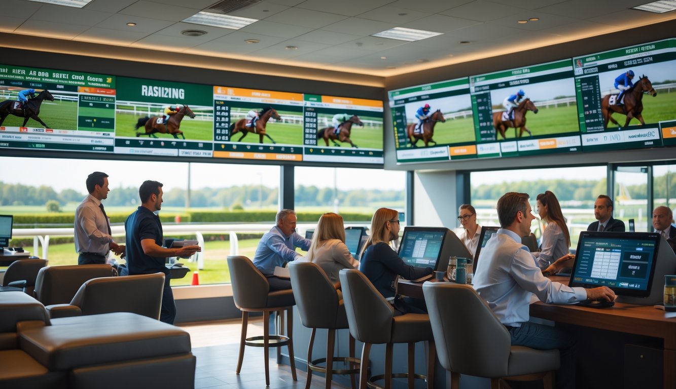 Orang-orang sedang memasang taruhan dan menonton balapan kuda di dalam agen taruhan pacuan kuda yang ramai dan modern.