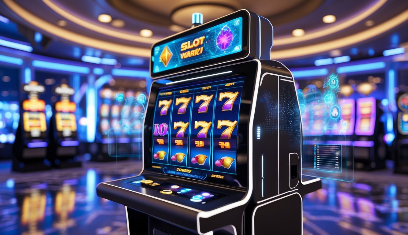 Mesin slot online modern dengan layar digital berwarna cerah dan lampu LED di lingkungan kasino yang bersih dan futuristik.