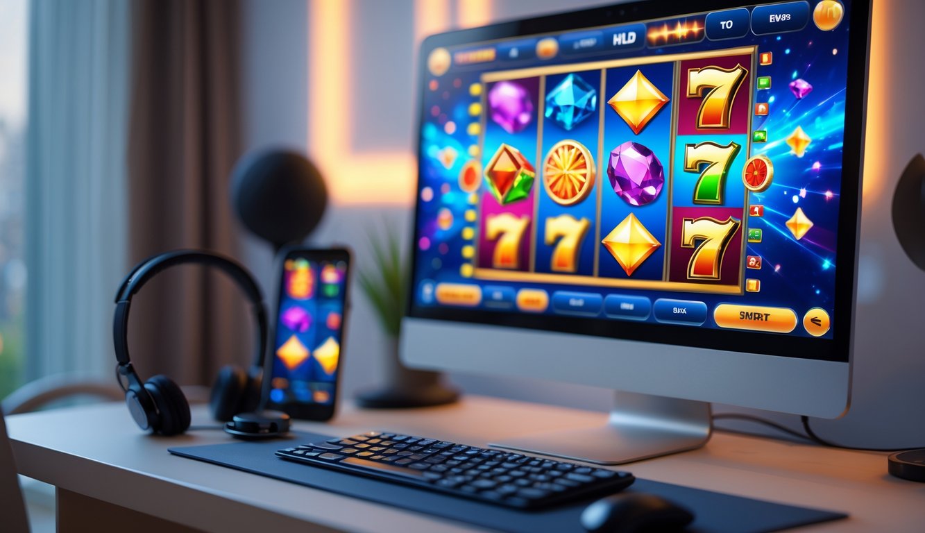 Layar komputer menampilkan permainan slot online berwarna-warni dengan grafik visual HD yang menarik, di atas meja terdapat keyboard, mouse, dan ponsel yang juga menunjukkan permainan slot.