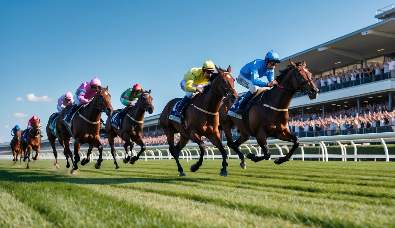 Lomba pacuan kuda dengan beberapa joki menunggangi kuda yang sedang berlari cepat di lintasan dengan penonton di tribun.