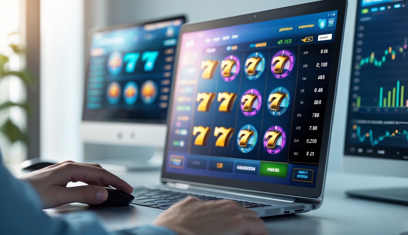 Seseorang sedang menggunakan komputer dengan tampilan permainan slot online di layar, dikelilingi oleh suasana kerja yang rapi dan profesional.