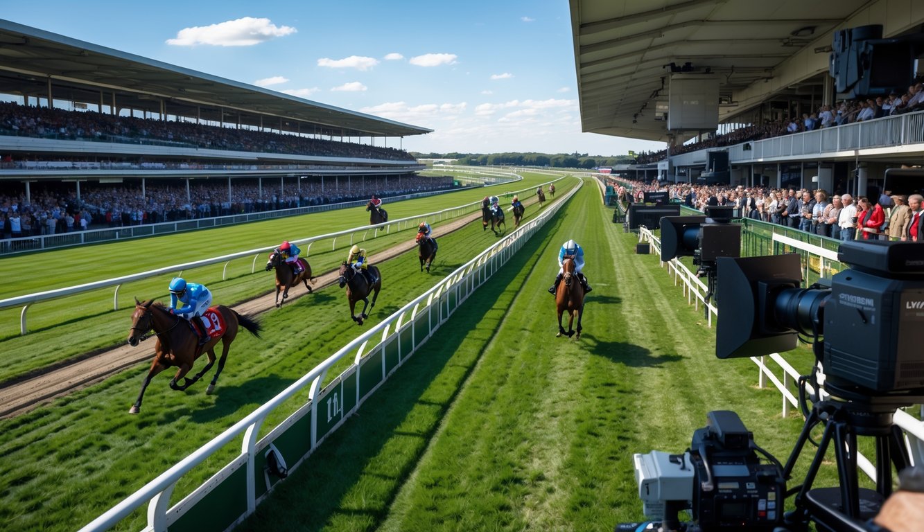 Arena balap kuda resmi dengan kuda dan joki sedang berlomba di depan penonton dan peralatan siaran profesional.