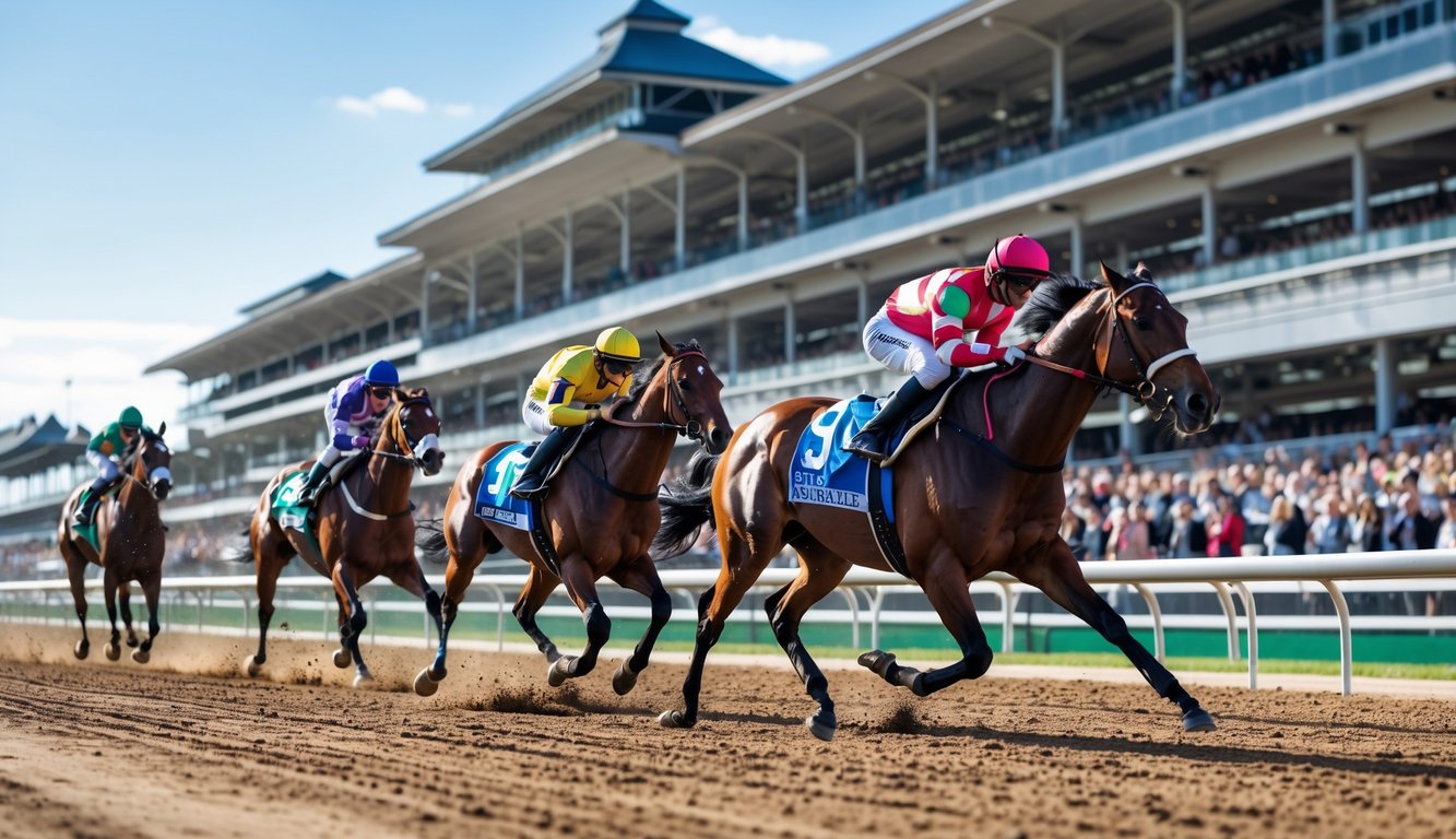 Beberapa kuda pacu dengan joki berwarna-warni sedang berlari di lintasan balap di depan tribun penonton yang ramai.