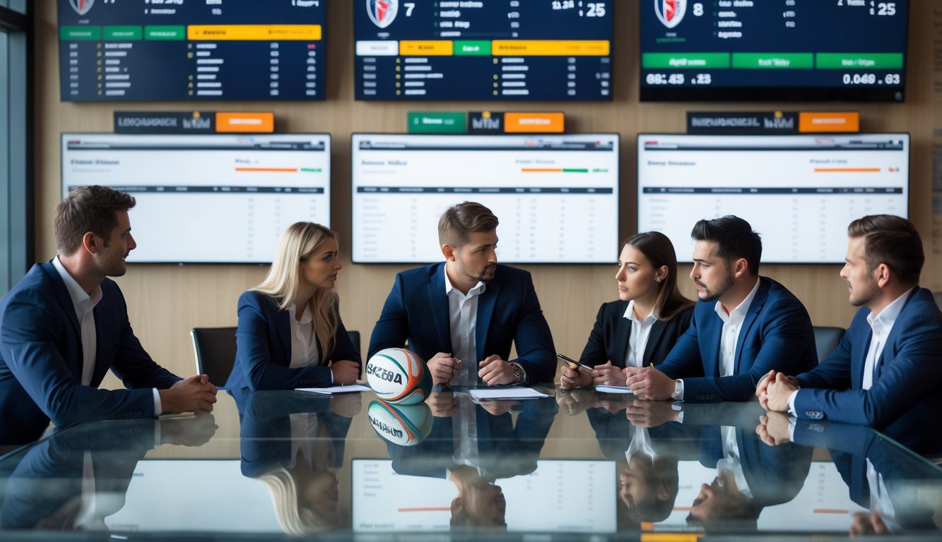 Suasana kantor profesional dengan beberapa orang yang sedang menganalisis data pertandingan rugby dan peluang taruhan.