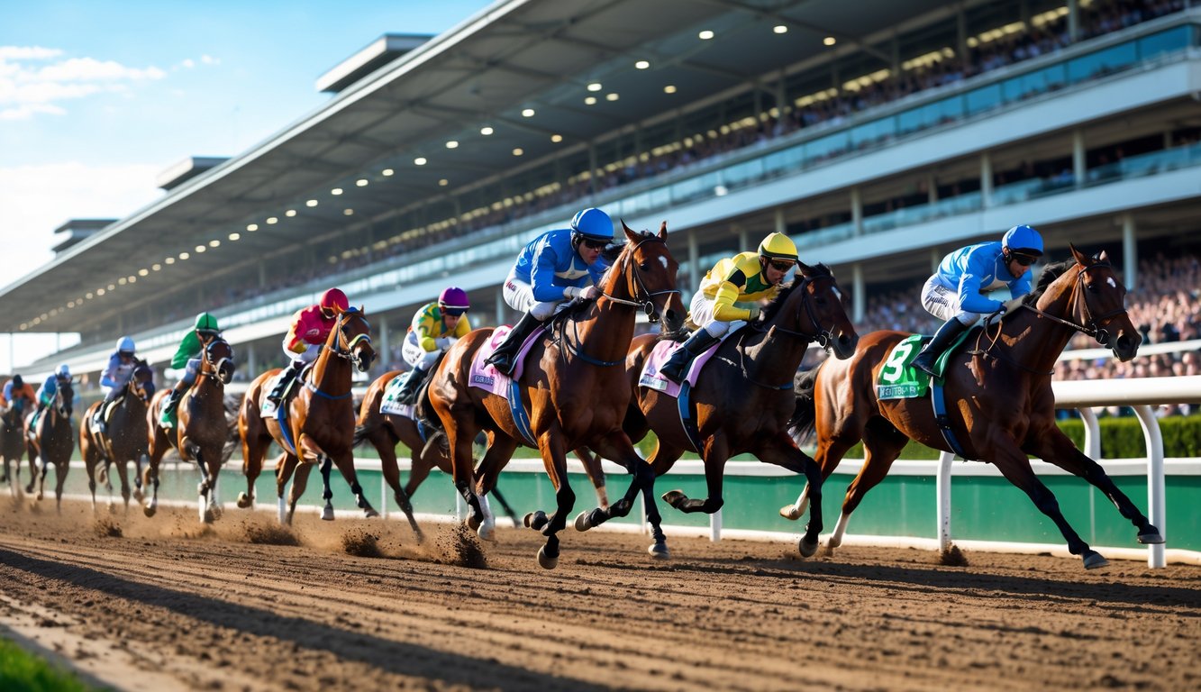 Beberapa kuda pacuan dan joki berlomba di lintasan dengan penonton di tribun di latar belakang.