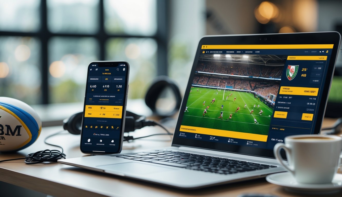 Seorang pria menggunakan laptop dan ponsel untuk memasang taruhan pada pertandingan rugby yang sedang berlangsung.