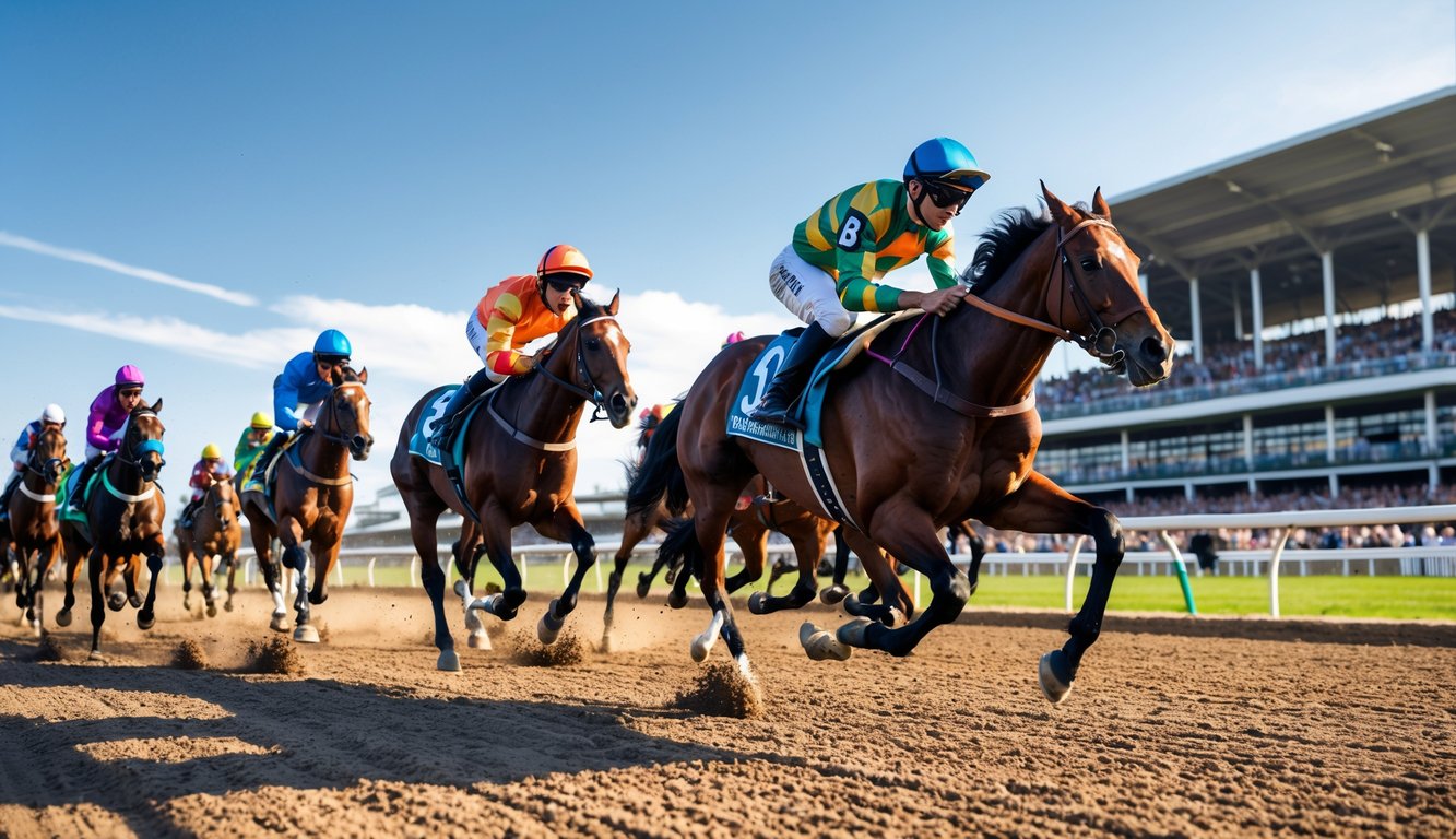 Balapan kuda dengan beberapa kuda berlari cepat di lintasan, diiringi oleh joki yang mengenakan pakaian balap berwarna-warni, dengan penonton di tribun di latar belakang.
