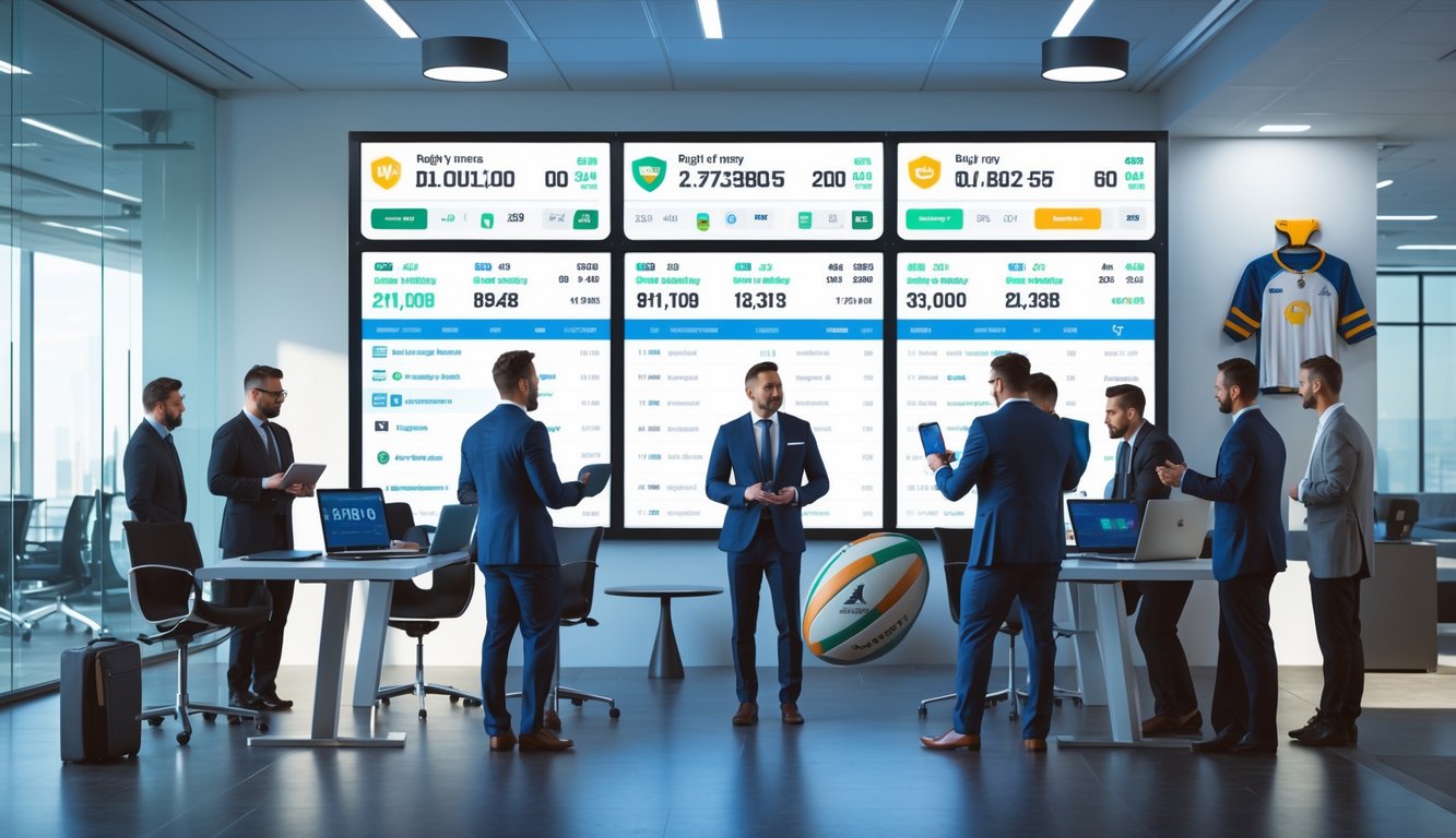 Sejumlah profesional sedang berdiskusi di kantor modern dengan layar digital yang menampilkan statistik dan skor pertandingan rugby.