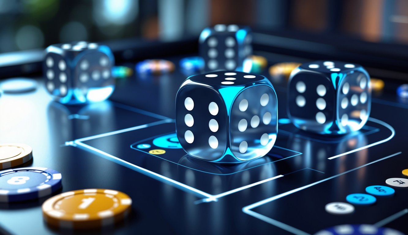 Tampilan meja interaktif dengan dadu transparan yang sedang bergulir dalam permainan Sicbo online secara real-time.