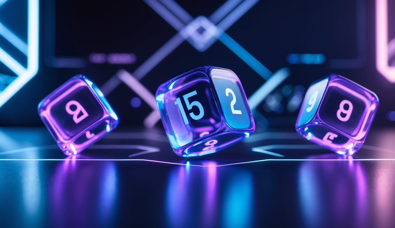 Tiga dadu transparan yang sedang melayang dengan latar belakang antarmuka digital futuristik berwarna biru dan ungu.