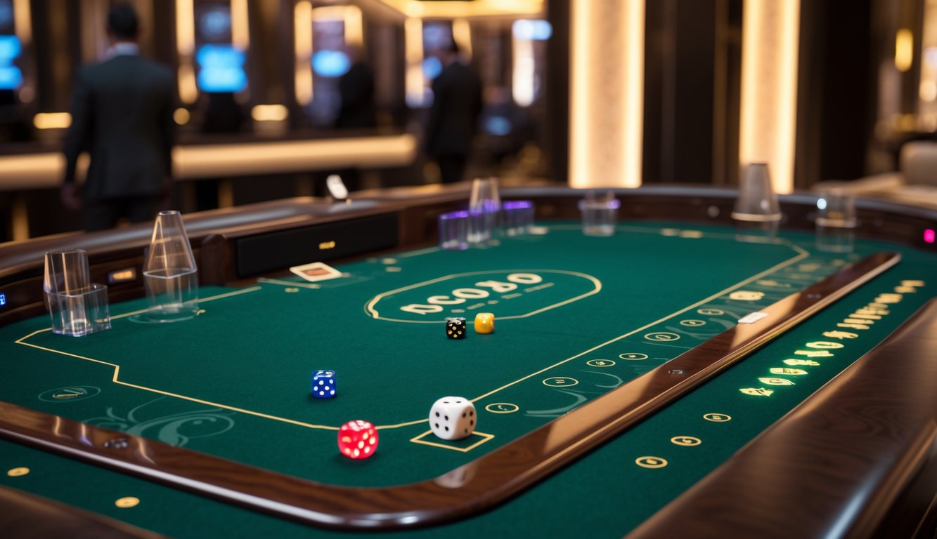 Meja permainan Sicbo online dengan dadu berwarna dan suasana kasino yang mewah.