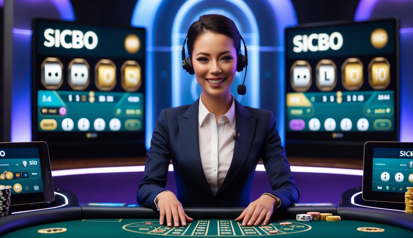 Seorang dealer wanita profesional sedang menangani permainan Sicbo online di studio kasino modern dengan suasana pencahayaan biru dan ungu yang lembut.