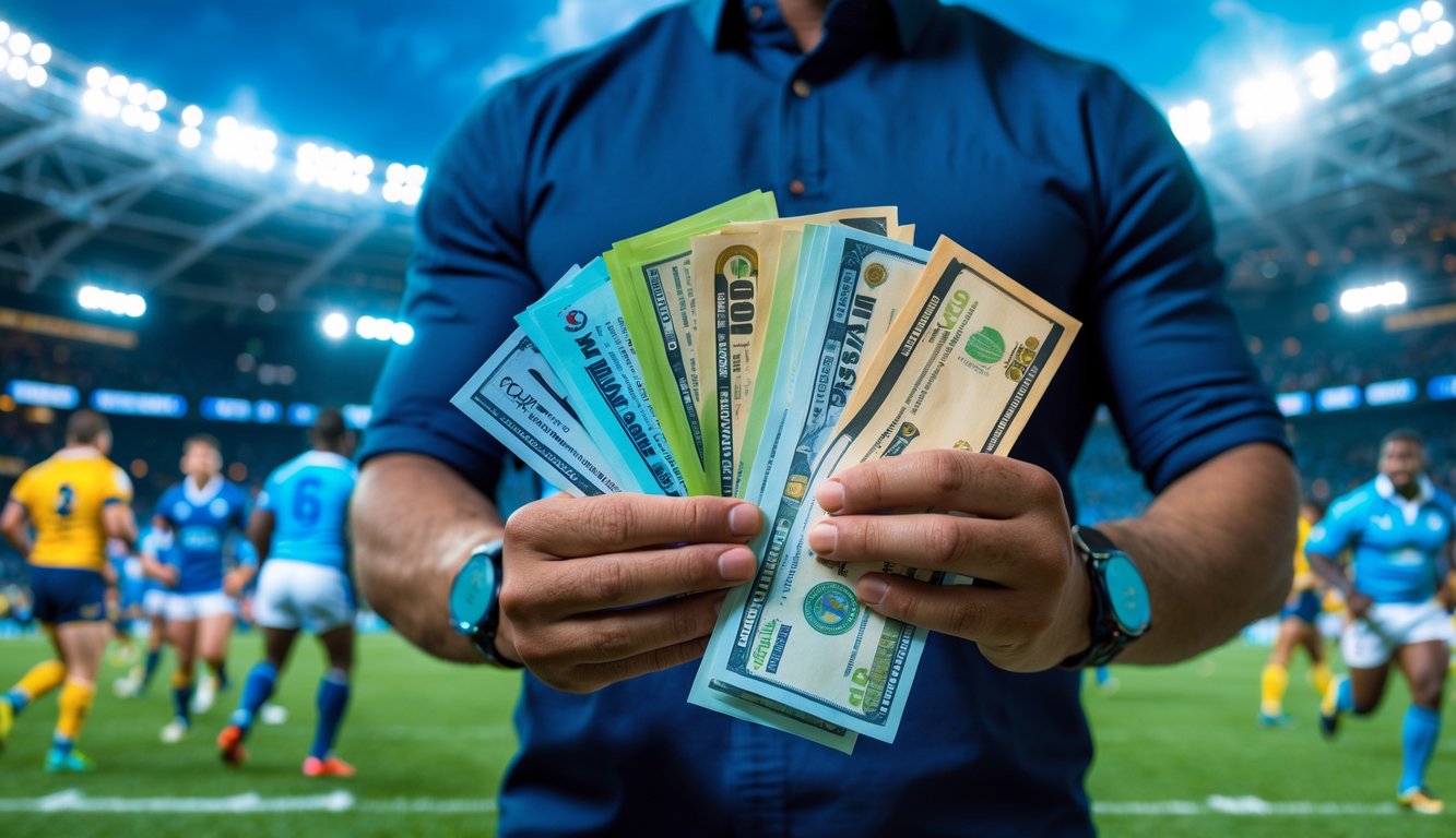 Seseorang memegang slip taruhan dan uang tunai di dekat lapangan rugby dengan pertandingan rugby yang sedang berlangsung di latar belakang.