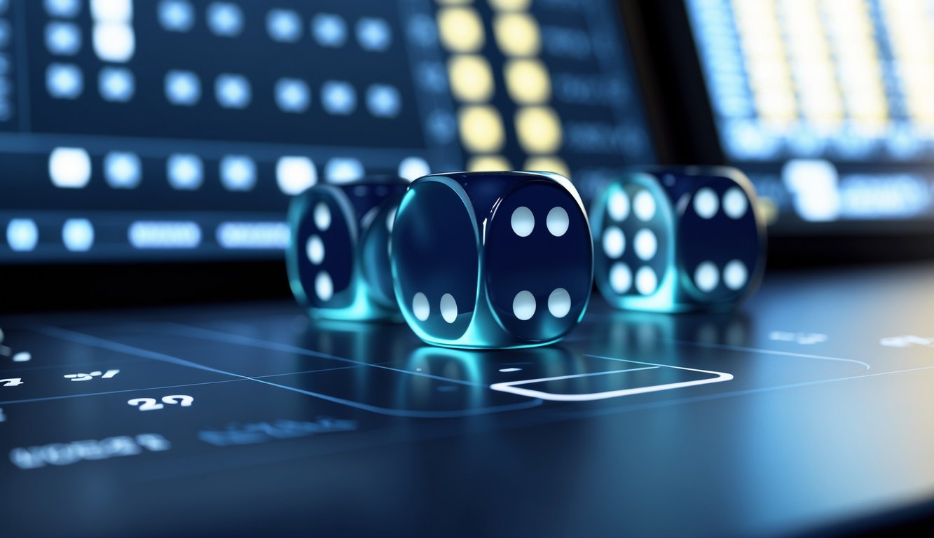 Tampilan permainan Sicbo online dengan tiga dadu yang sedang dilempar dan layar strategi di latar belakang.