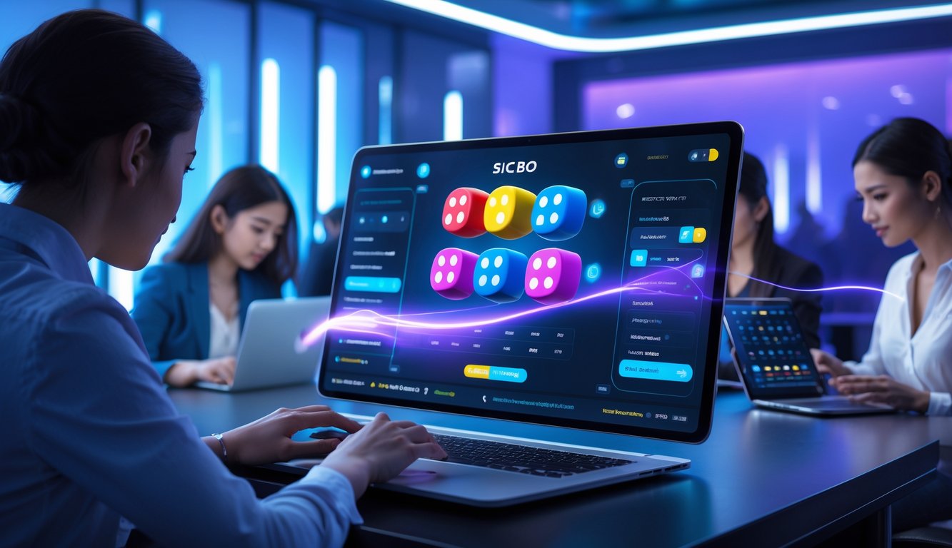 Orang-orang sedang bermain permainan Sicbo online dengan perangkat digital di ruangan modern yang terang.