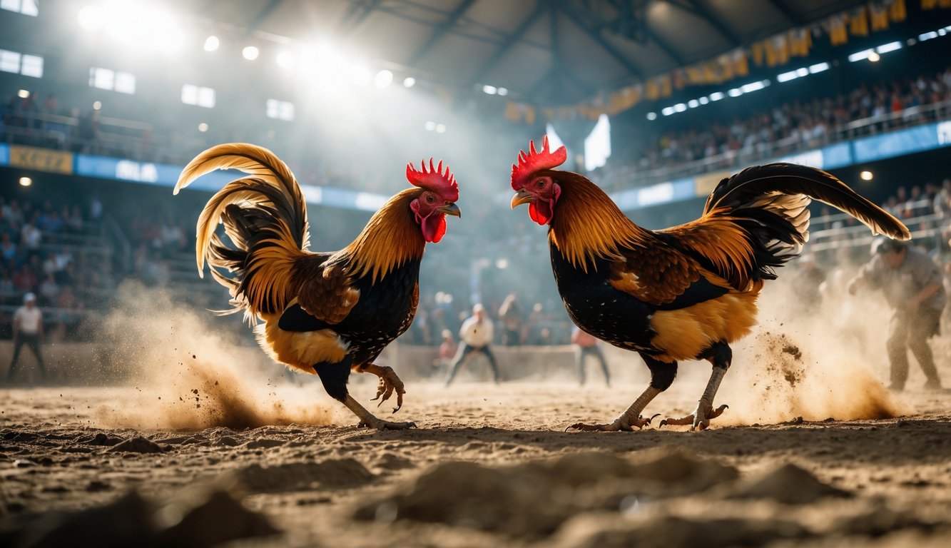 Dua ayam jago sedang bertarung di arena dengan penonton yang memperhatikan dengan serius.