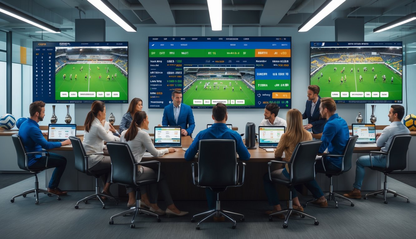 Orang-orang sedang menganalisis statistik pertandingan rugby di ruangan kantor modern dengan layar digital dan perangkat teknologi.