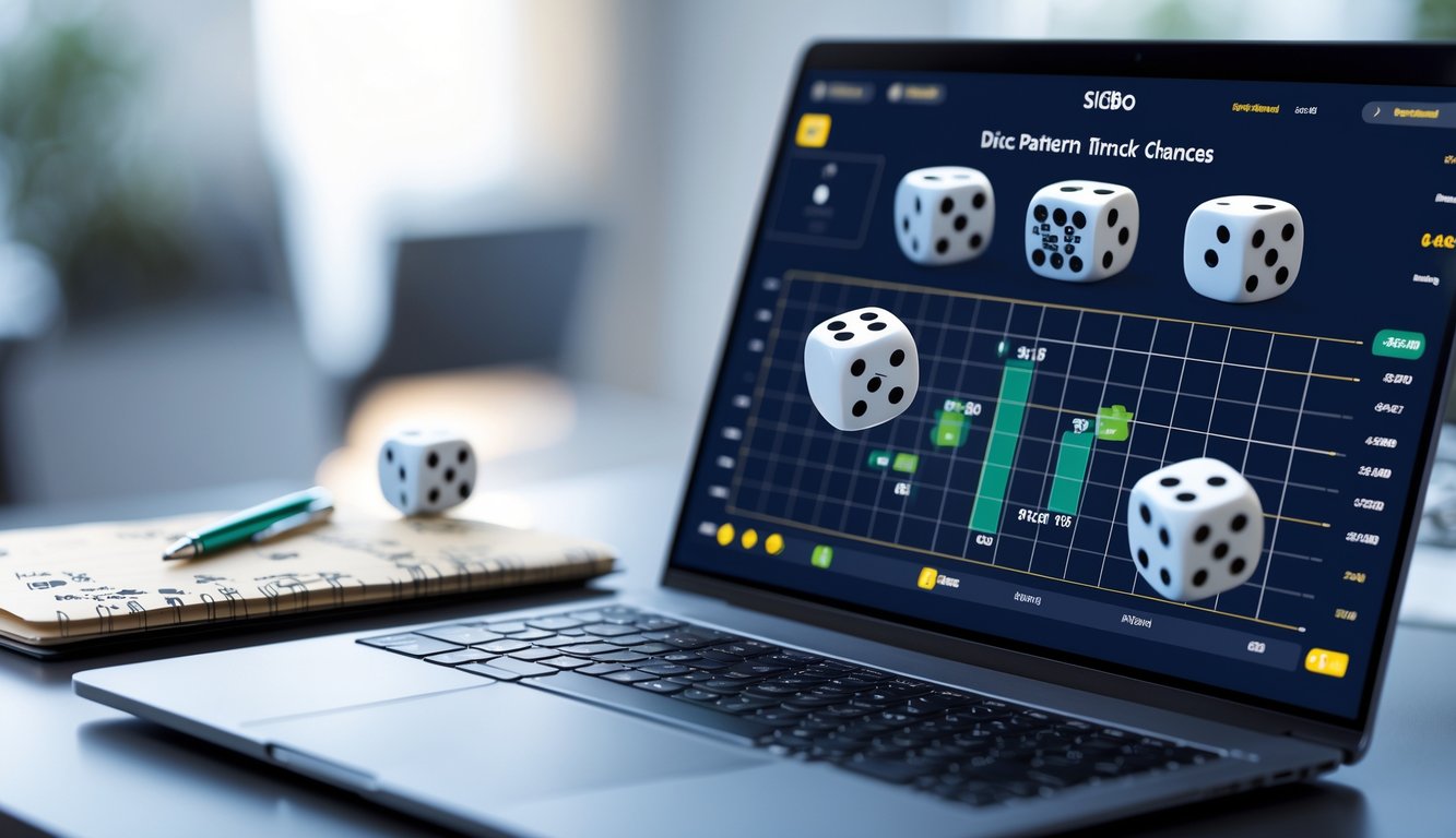 Seorang profesional sedang menganalisis pola dadu pada layar laptop untuk permainan Sicbo online dengan catatan dan pena di meja.