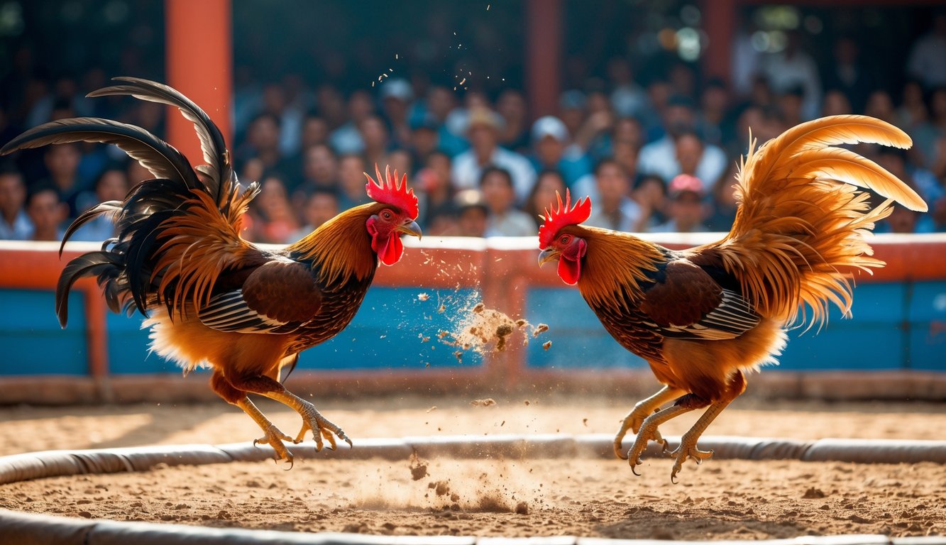 Dua ayam jago sedang bertarung di arena dikelilingi penonton.