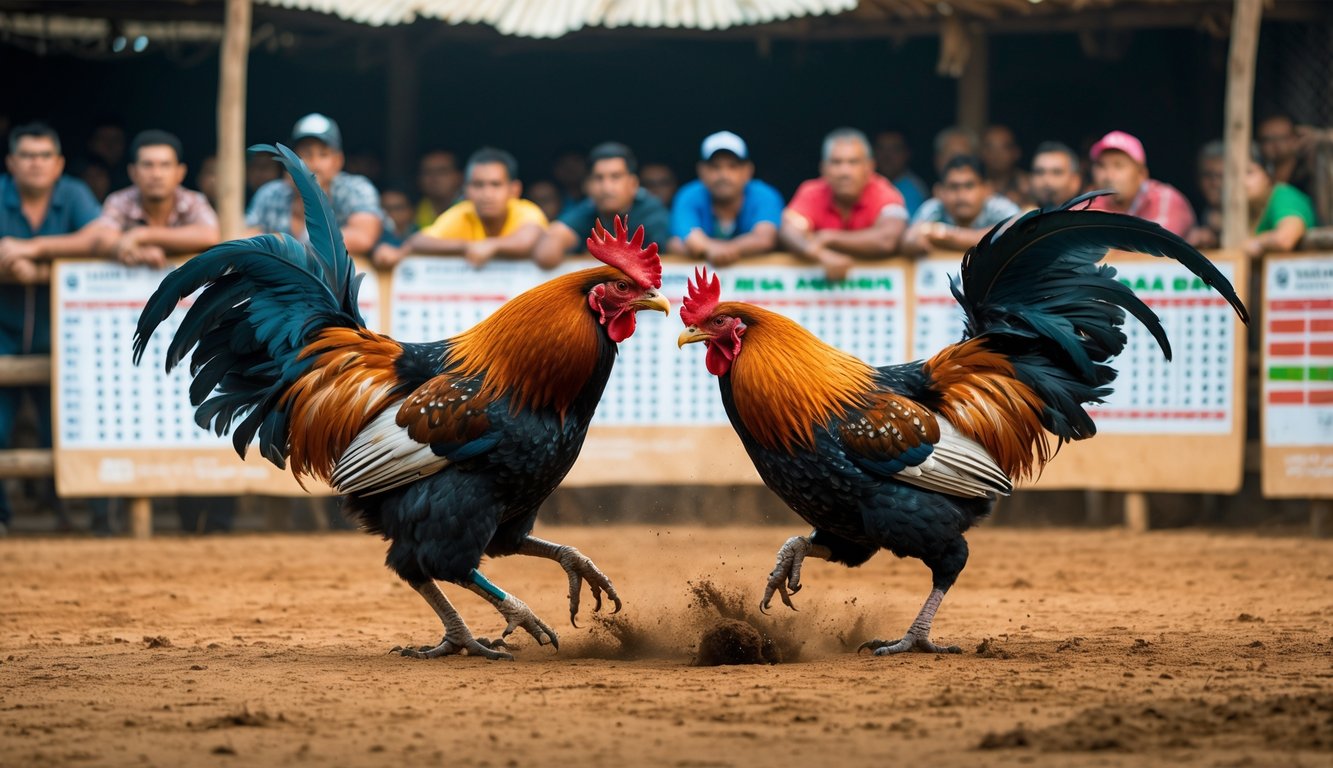 Dua ayam bertarung sengit di arena sabung ayam dengan penonton yang memperhatikan dan melihat statistik pertandingan.