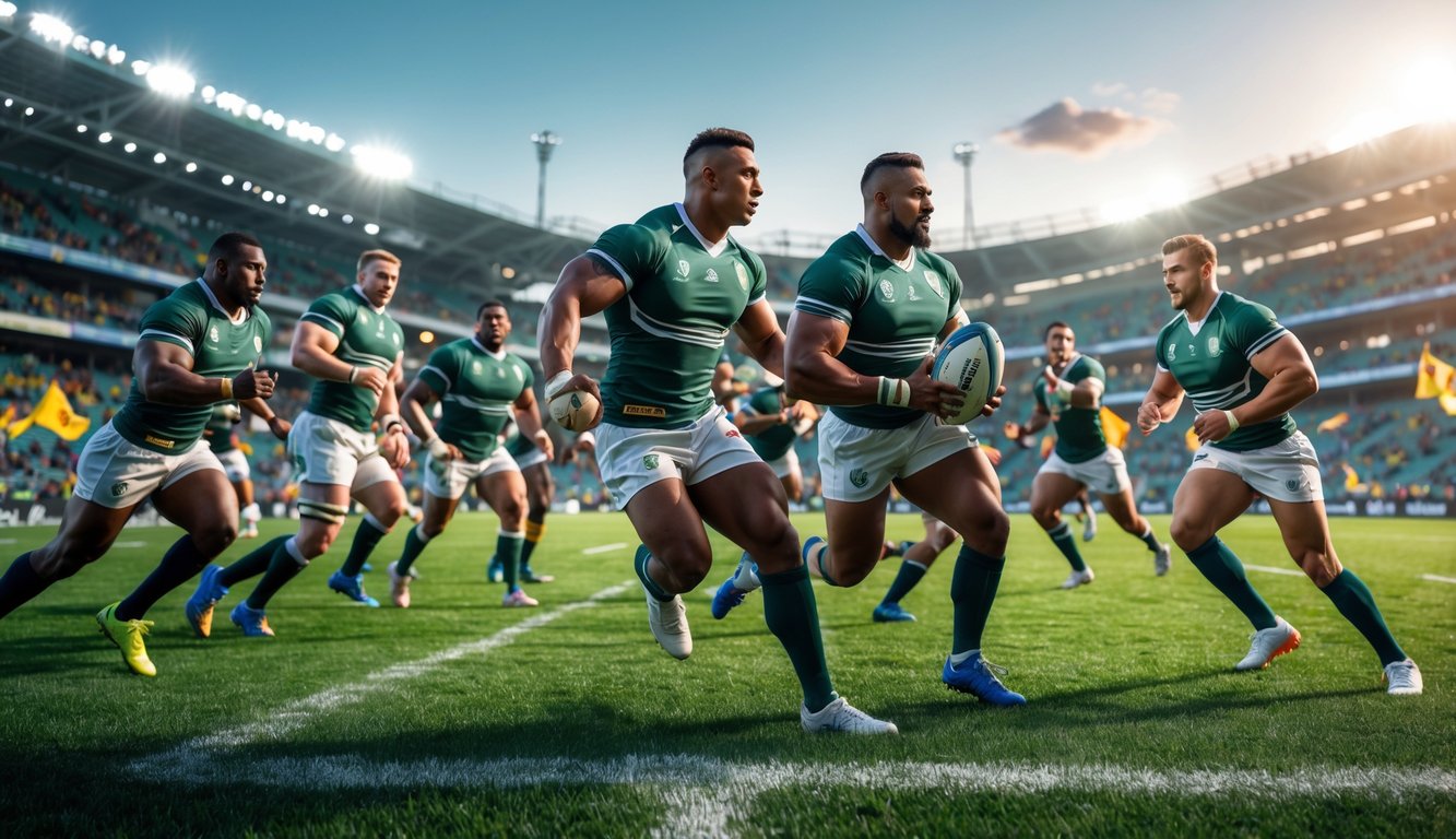 Para pemain rugby sedang bertanding di lapangan hijau dengan penonton di latar belakang.