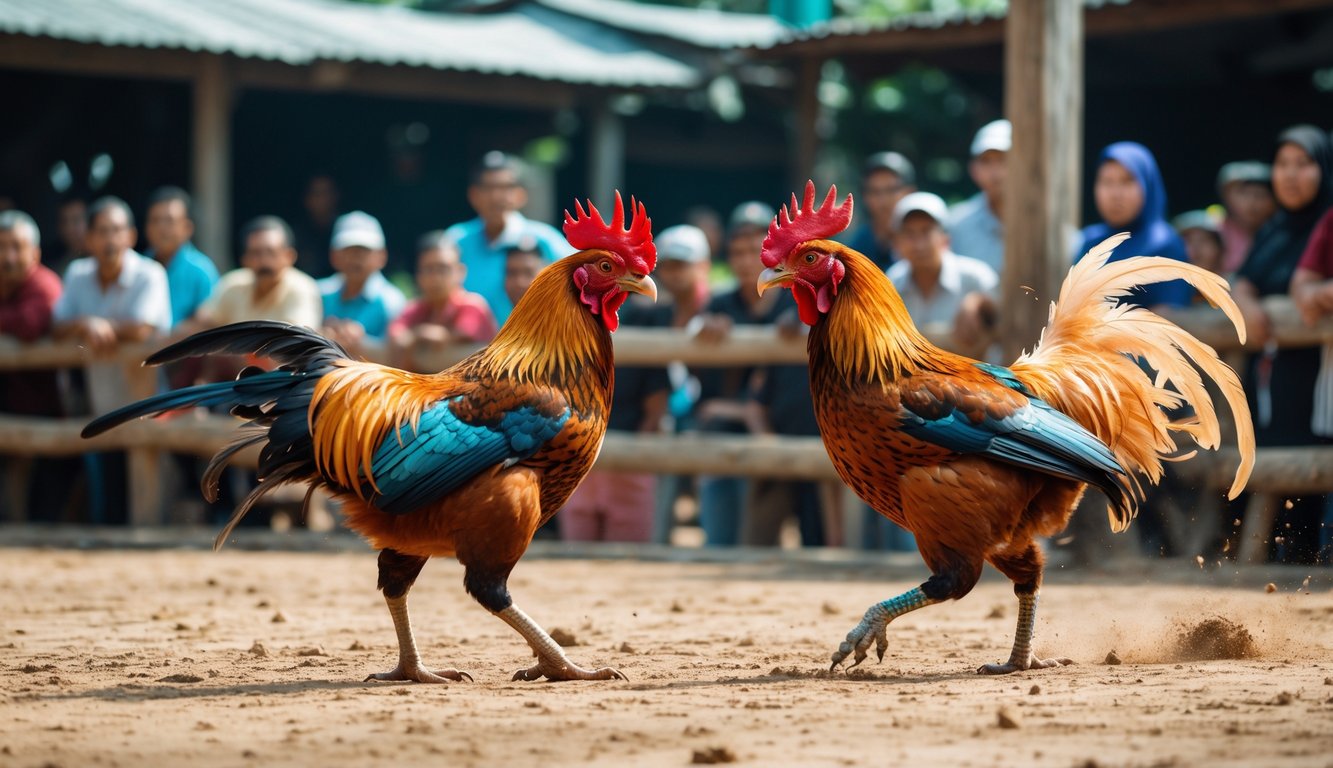 Dua ayam jago sedang bertarung di arena terbuka dengan penonton yang antusias di latar belakang.