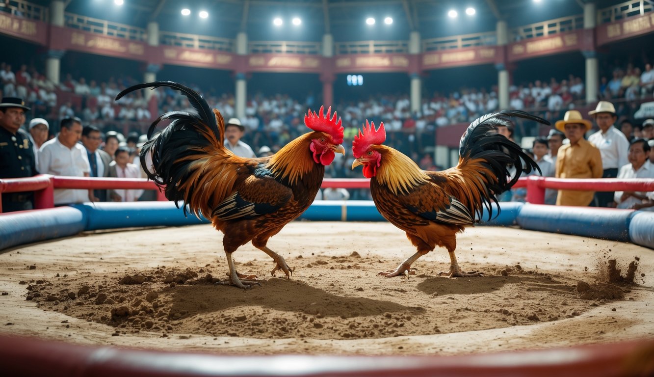 Suasana arena sabung ayam resmi dengan dua ayam bertarung dan penonton yang memperhatikan pertandingan.