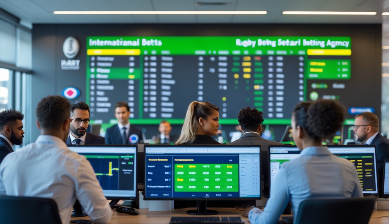 Suasana kantor agen taruhan rugby internasional dengan beberapa orang yang sedang memantau statistik pertandingan rugby di layar komputer.