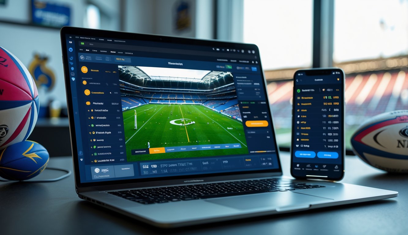 Seorang pria menggunakan laptop dan ponsel di meja kerja dengan pertandingan rugby yang sedang berlangsung di layar.