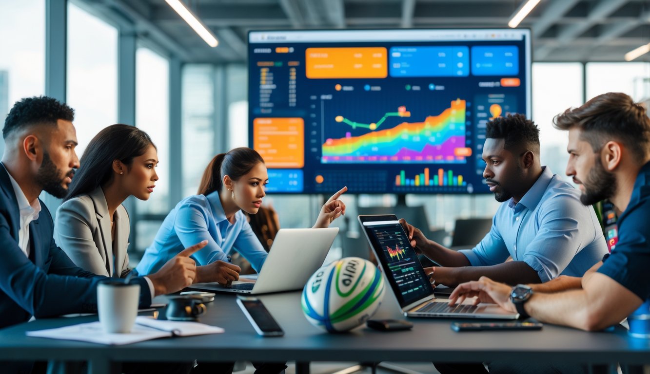 Sekelompok profesional sedang menganalisis data taruhan rugby di ruang kantor dengan layar digital besar dan perangkat elektronik.