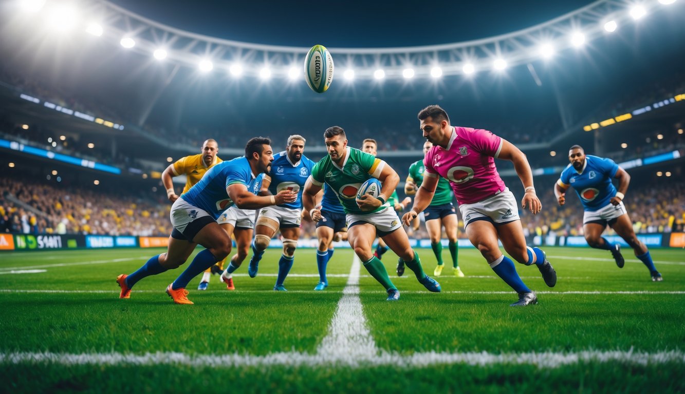 Pertandingan rugby sedang berlangsung di lapangan hijau dengan pemain beraksi dan penonton bersorak di stadion.