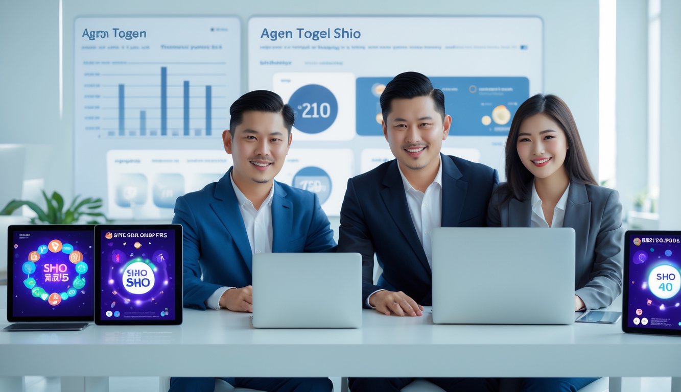 Seorang pria dan wanita Asia duduk di meja kerja dengan perangkat digital, menunjukkan suasana kantor modern yang profesional dan terpercaya.