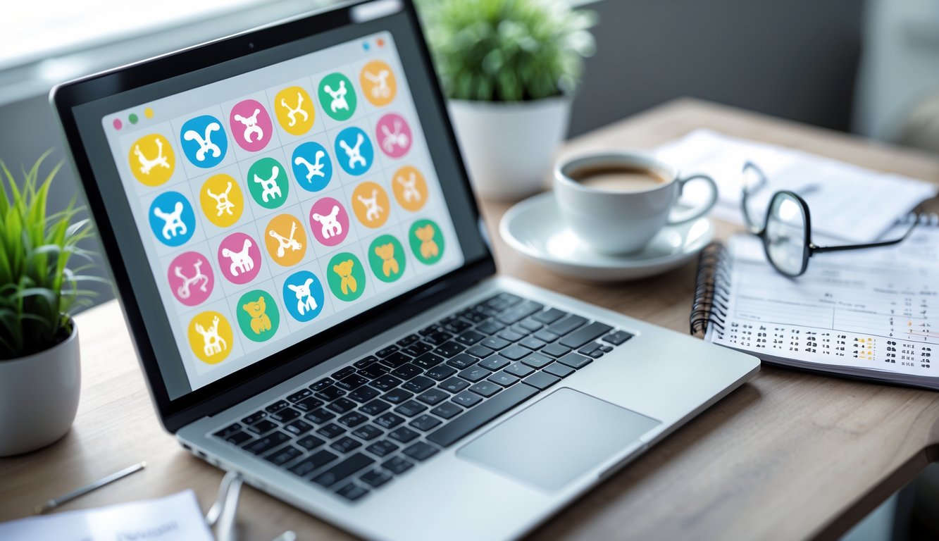 Meja kerja dengan laptop yang menampilkan ikon zodiak hewan dan buku catatan dengan tulisan serta grafik angka togel, disertai cangkir kopi dan kacamata.