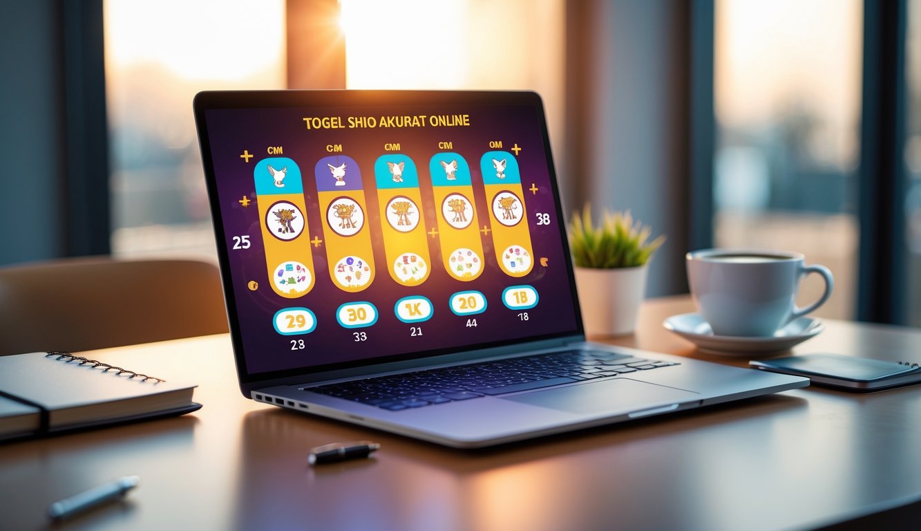 Sebuah meja kerja dengan laptop yang menampilkan ikon hewan shio dan angka, dikelilingi alat tulis dan secangkir kopi.