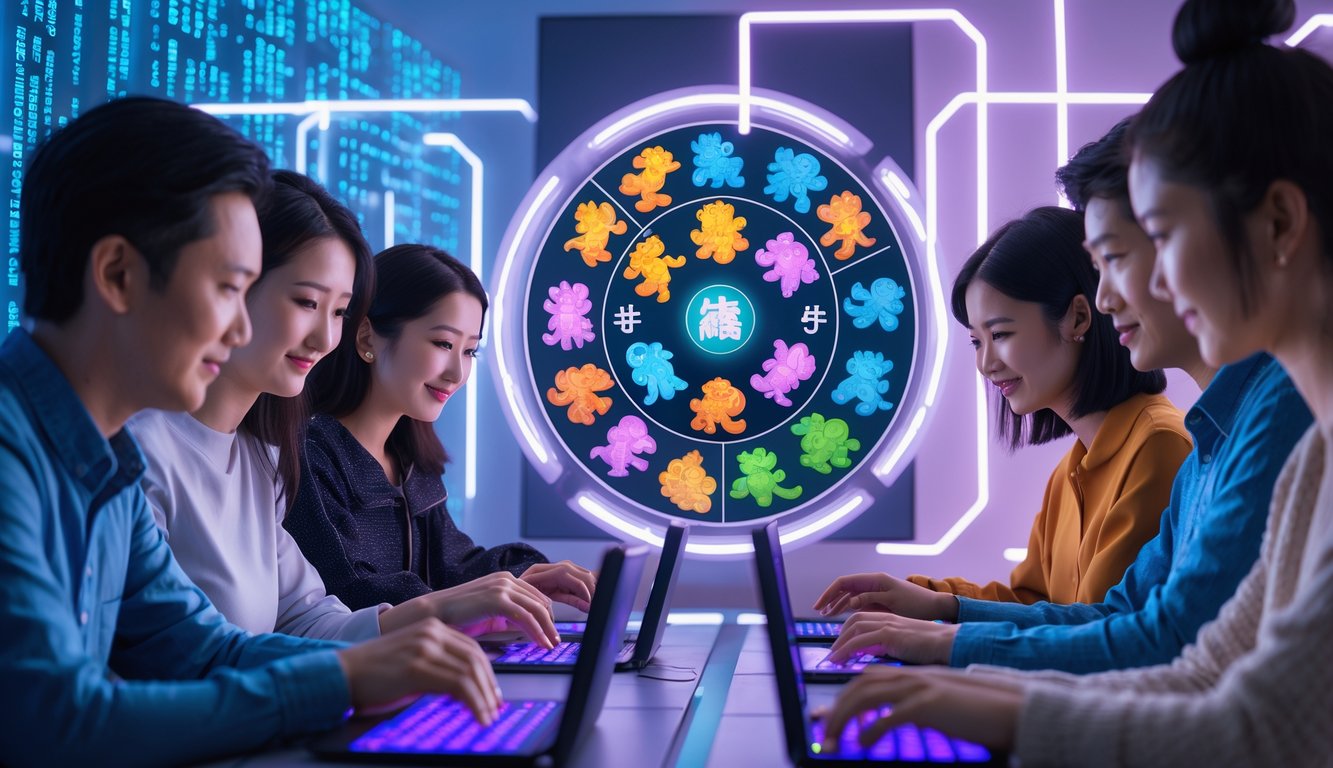 Orang-orang menggunakan perangkat digital dengan latar belakang simbol hewan shio yang berwarna-warni dan elemen teknologi modern.