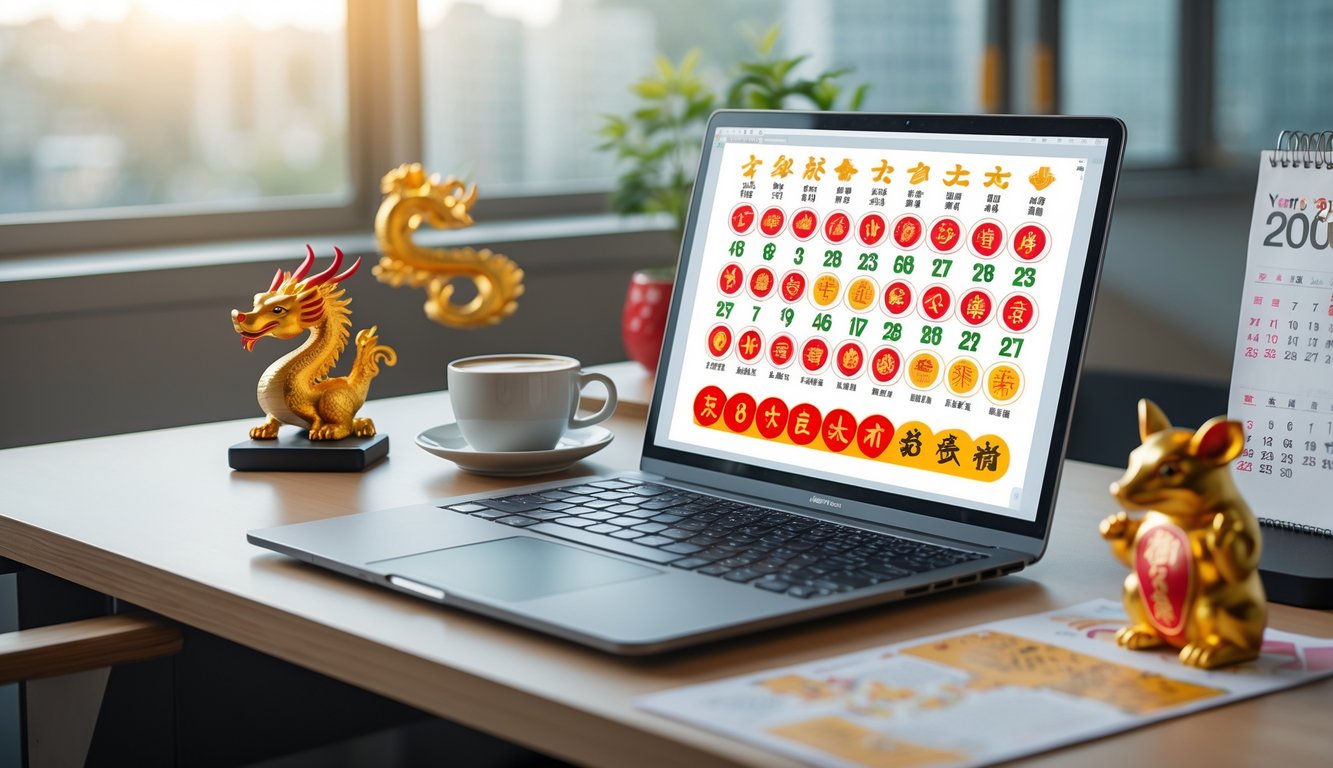 Meja kerja dengan laptop menampilkan grafik dan angka shio, kalender, dan patung kecil hewan shio di samping cangkir kopi.