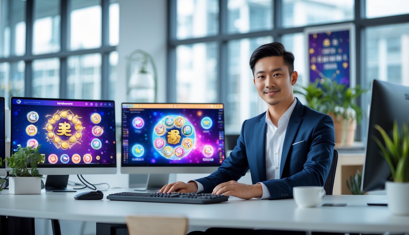 Seorang pria muda duduk di meja kerja dengan beberapa layar komputer menampilkan grafik togel dan shio di kantor modern.