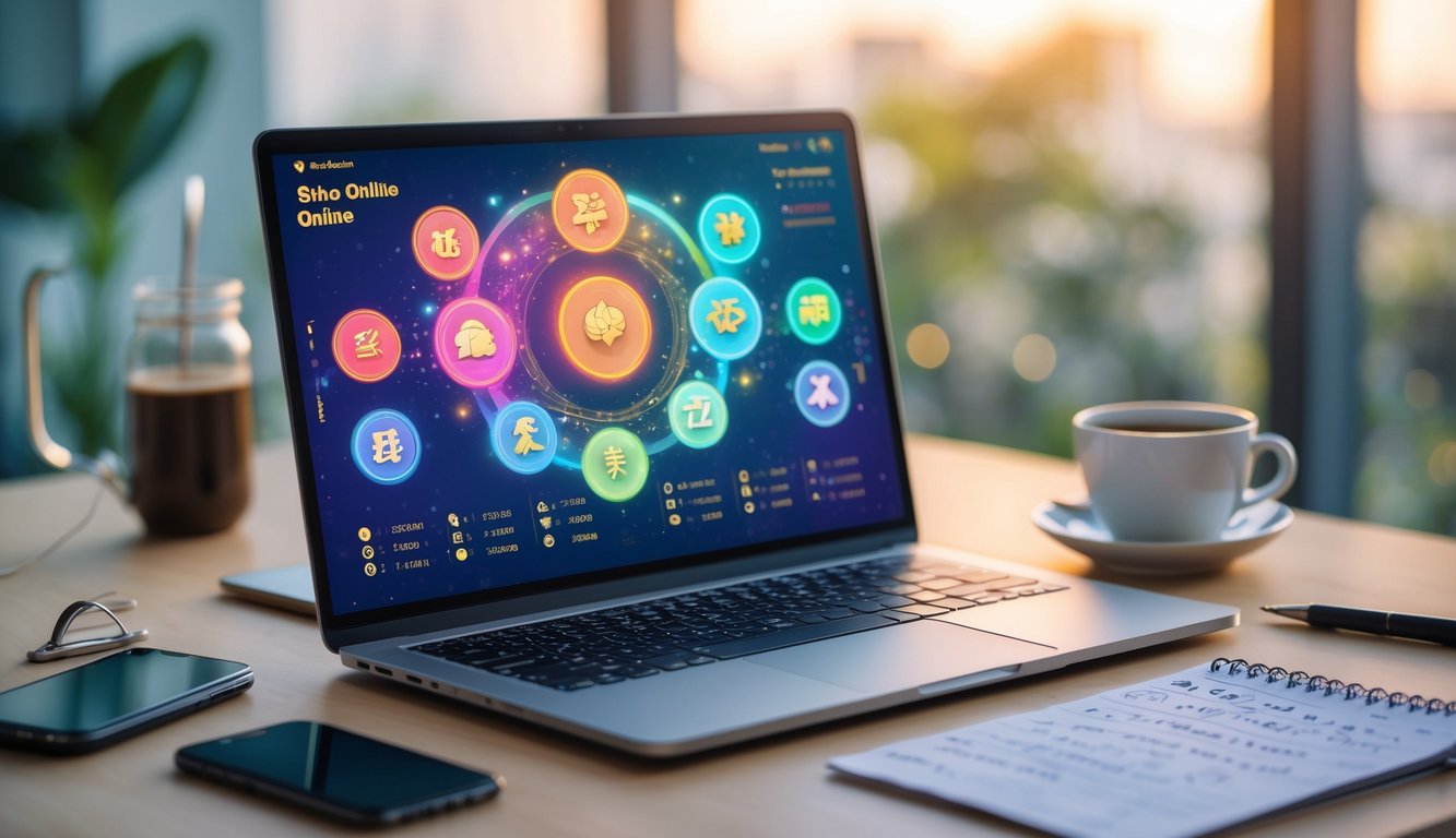Seorang pria menggunakan laptop di meja kerja dengan tampilan digital yang menampilkan hewan zodiak dan angka togel, dikelilingi oleh ponsel, cangkir kopi, dan buku catatan.