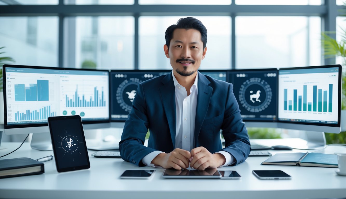 Seorang pria Asia duduk di meja kerja dengan beberapa layar komputer menampilkan grafik dan simbol hewan shio dalam suasana kantor modern yang terang.