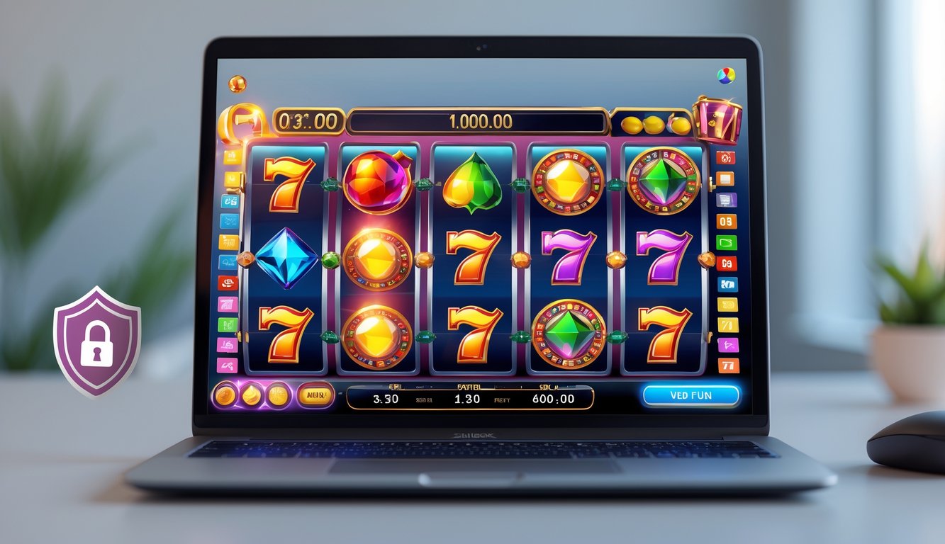 Tampilan layar komputer dengan permainan mesin slot 3D yang berwarna-warni dan suasana ruang kerja yang rapi.