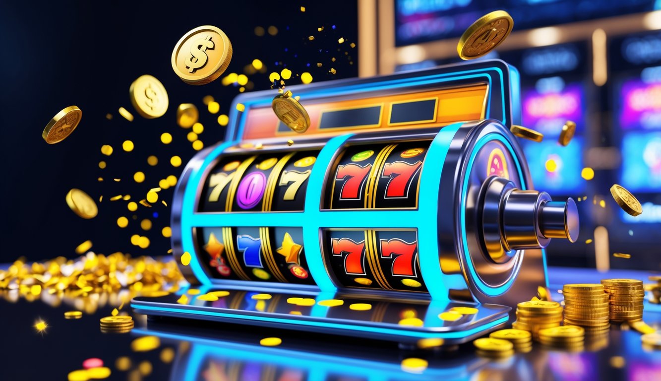 Mesin slot online 3D dengan koin emas dan konfeti yang berjatuhan menandakan kemenangan jackpot.