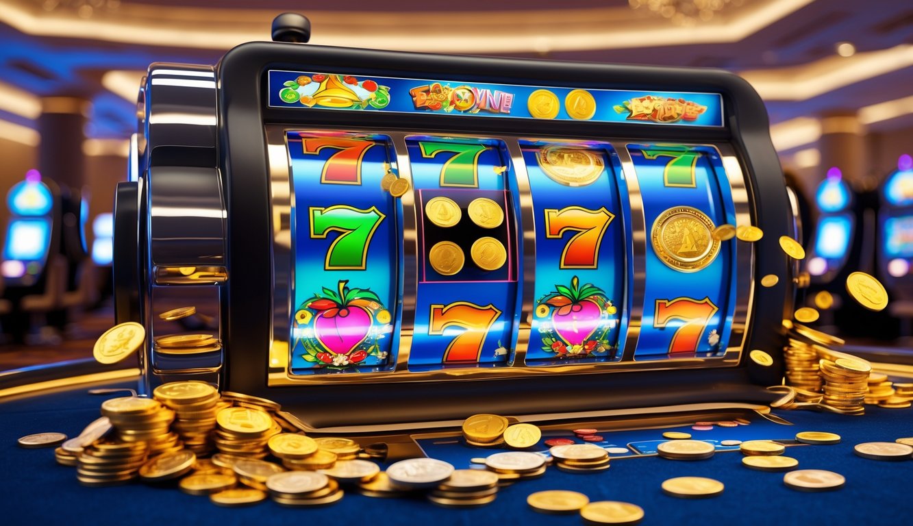 Mesin slot 3D modern dengan tampilan pembayaran tinggi dan koin yang keluar di dalam kasino.