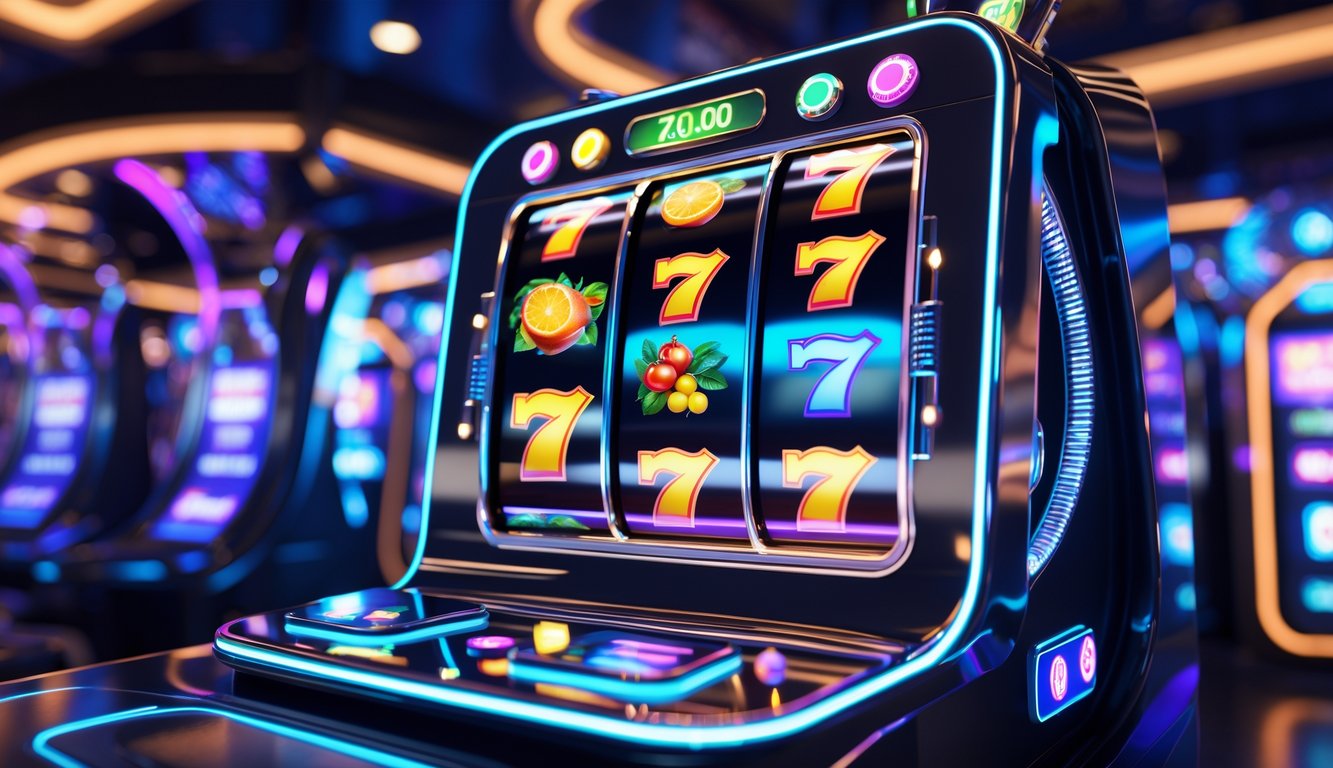 Mesin slot digital 3D futuristik dengan gulungan berwarna cerah di lingkungan kasino modern.